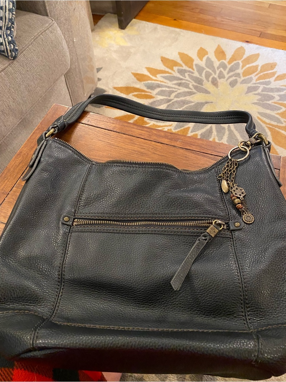 The Sak Black Pebbled Leather Shoulder Bag with Charm Dangles